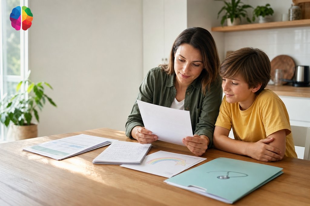 Parent and child reviewing school reports and documents before a psychoeducational assessment appointment