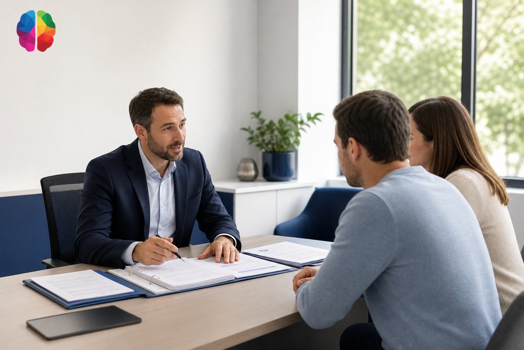 Family consulting with a psychologist in a modern Vancouver clinic about psychoeducational assessment options