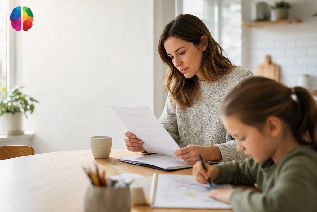 Parent reviewing psychoeducational assessment documents at home while child plays nearby, private assessment decision