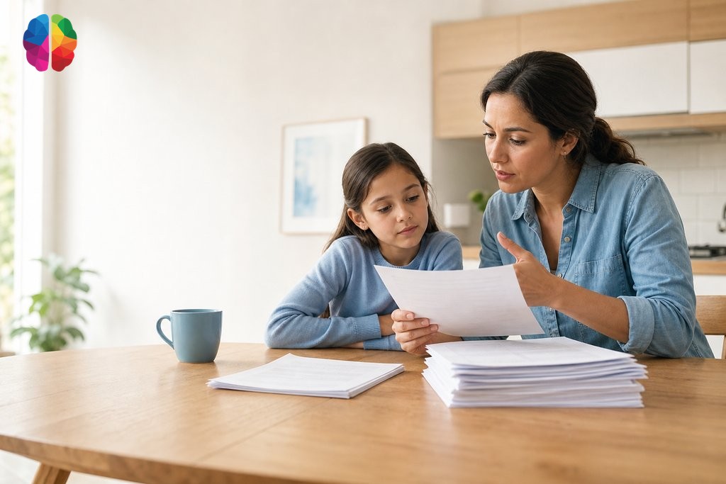 Parent reviewing psychoeducational assessment documents with child at kitchen table, comparing public vs private testing options