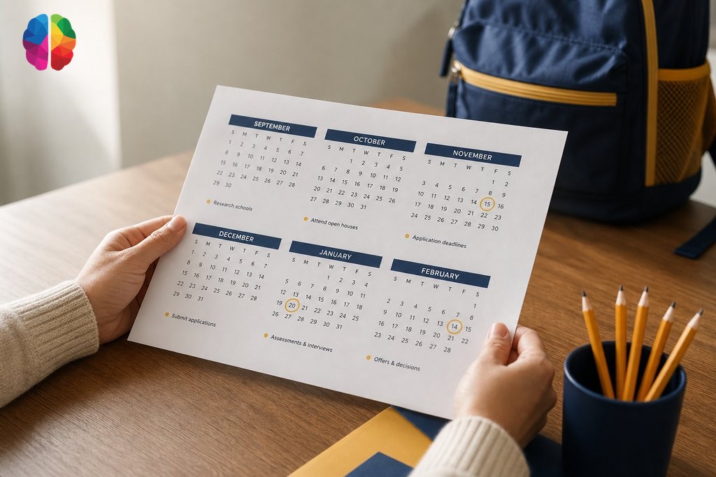 Parent reviewing school admissions calendar with child's backpack nearby, illustrating psychoeducational assessment wait time decisions