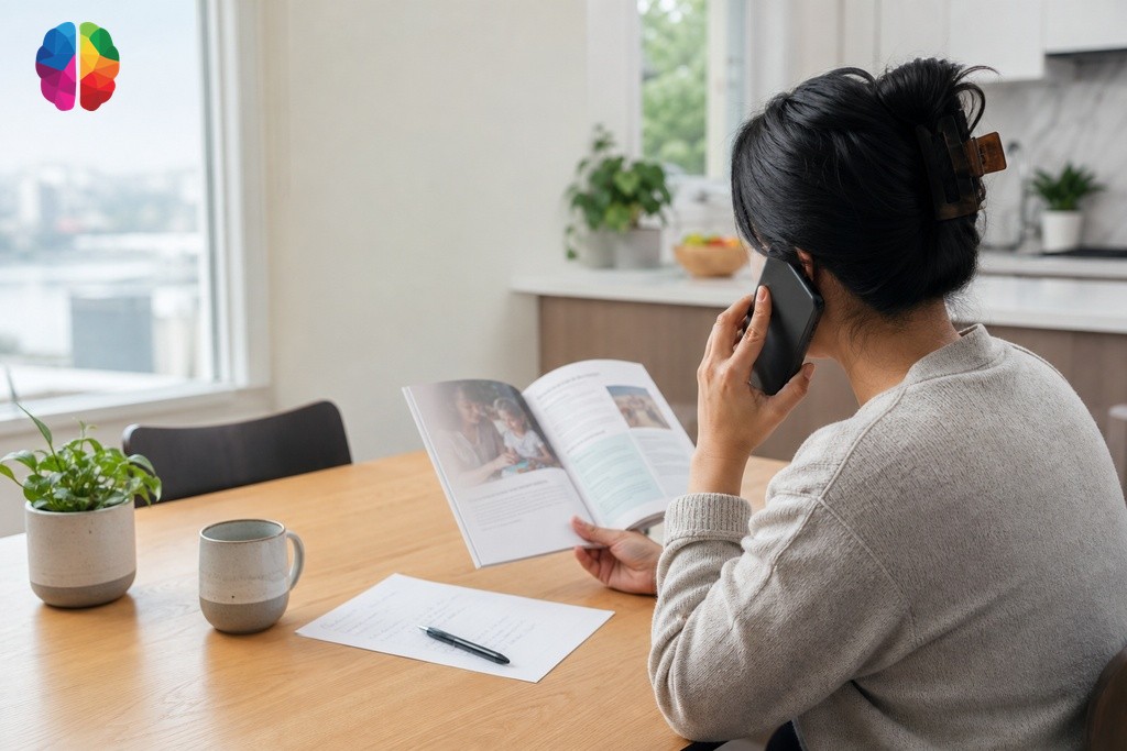 Parent calling insurance provider while reviewing benefits booklet before psychoeducational assessment