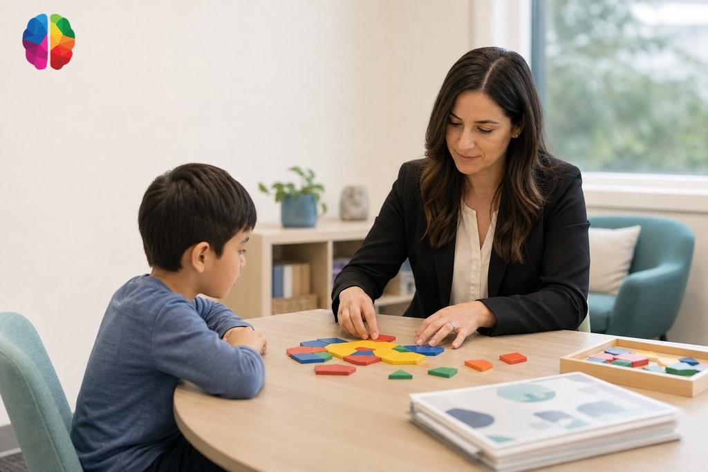Clinician arranging pattern blocks with a child during a one-on-one psychoeducational assessment session