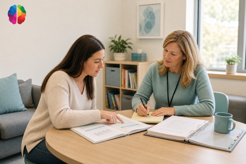 Parent and learning support teacher reviewing psychoeducational report together in a BC school resource room