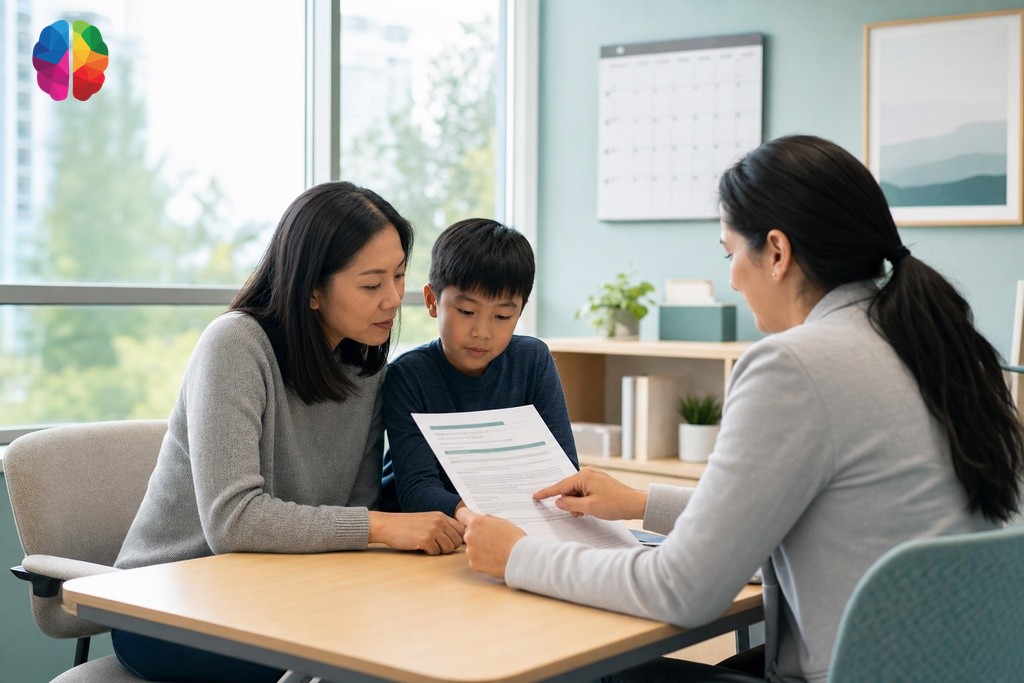 Parent and child reviewing psychoeducational assessment report with clinician ahead of BC school placement deadline