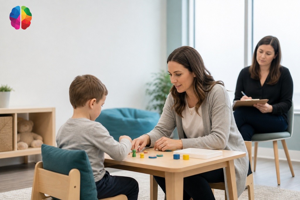 Two clinicians conducting a structured autism assessment observation with a young child in a calm paediatric clinic room.