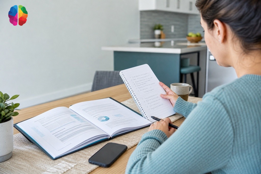 Parent reviewing handwritten questions beside a psychoeducational report before a school support plan meeting