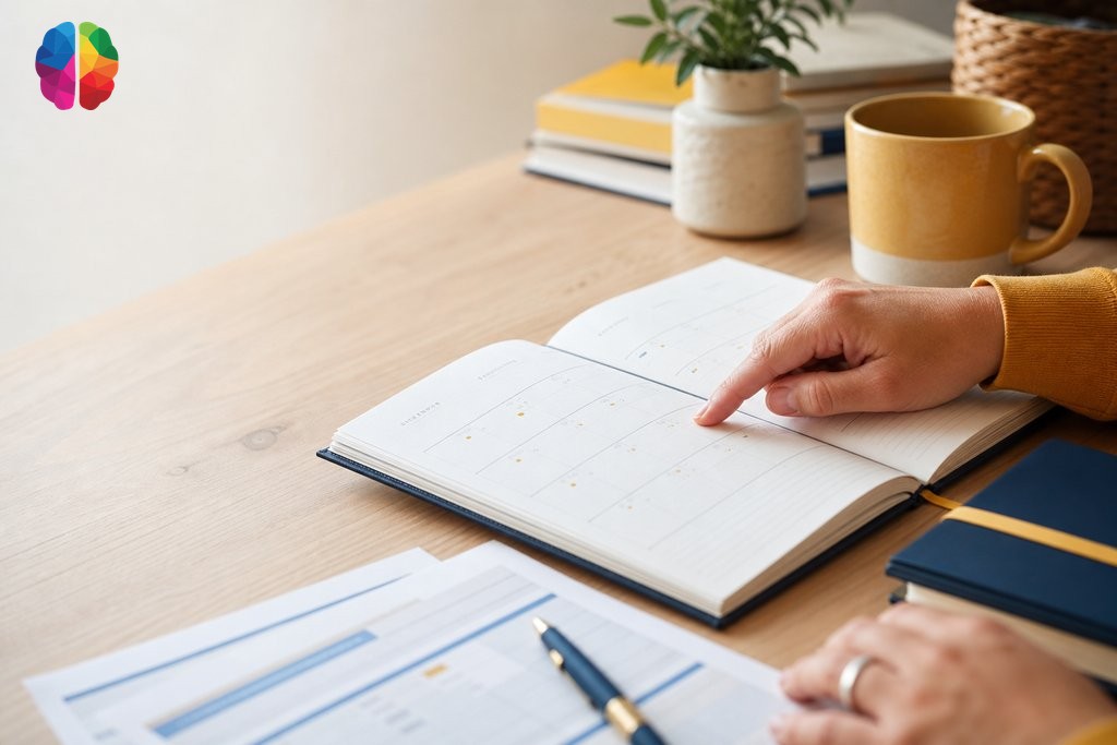 Parent reviewing school admission deadlines in a planner alongside psychoeducational assessment documents