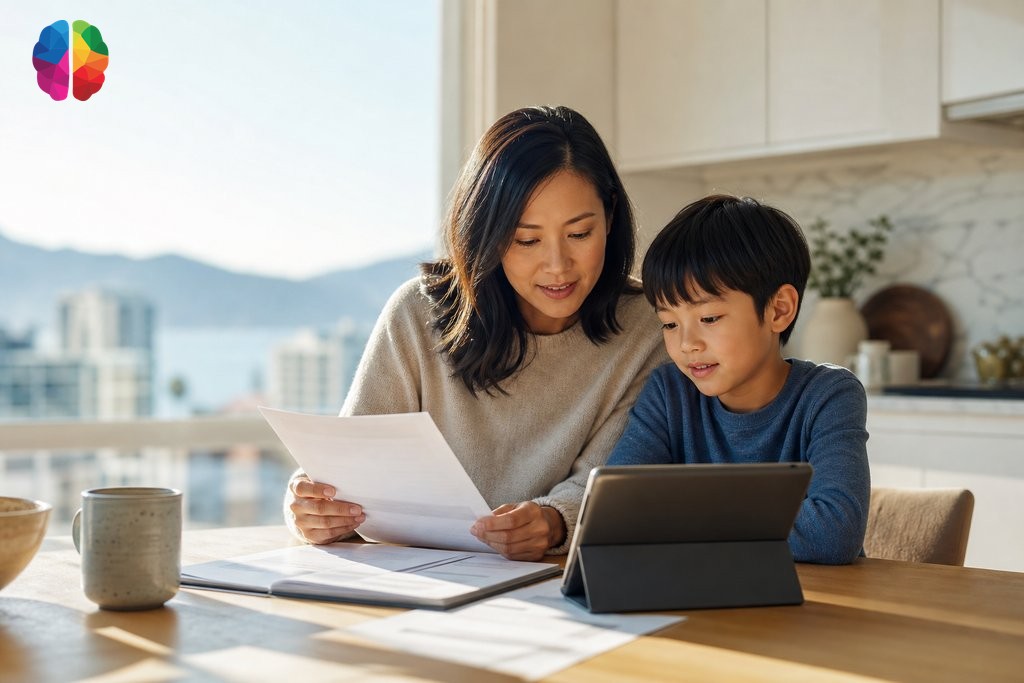 Parent and child reviewing psychoeducational assessment paperwork at a bright kitchen table in Vancouver home
