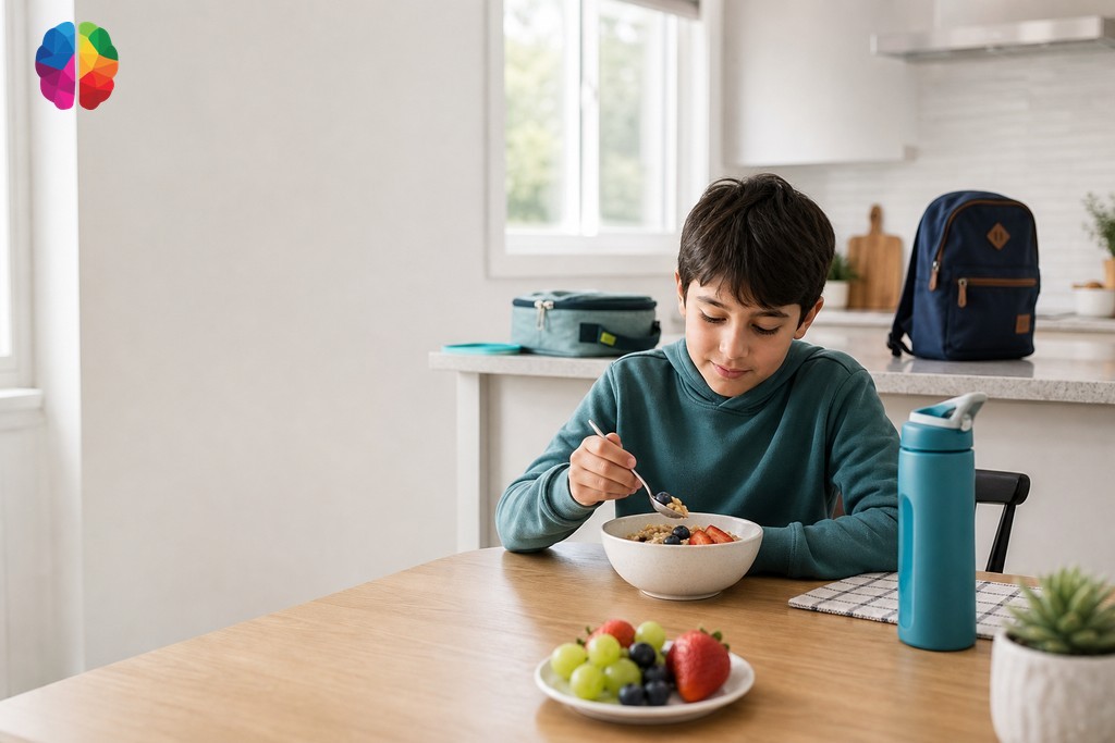 Child eating breakfast calmly at home on psychoeducational assessment testing day morning