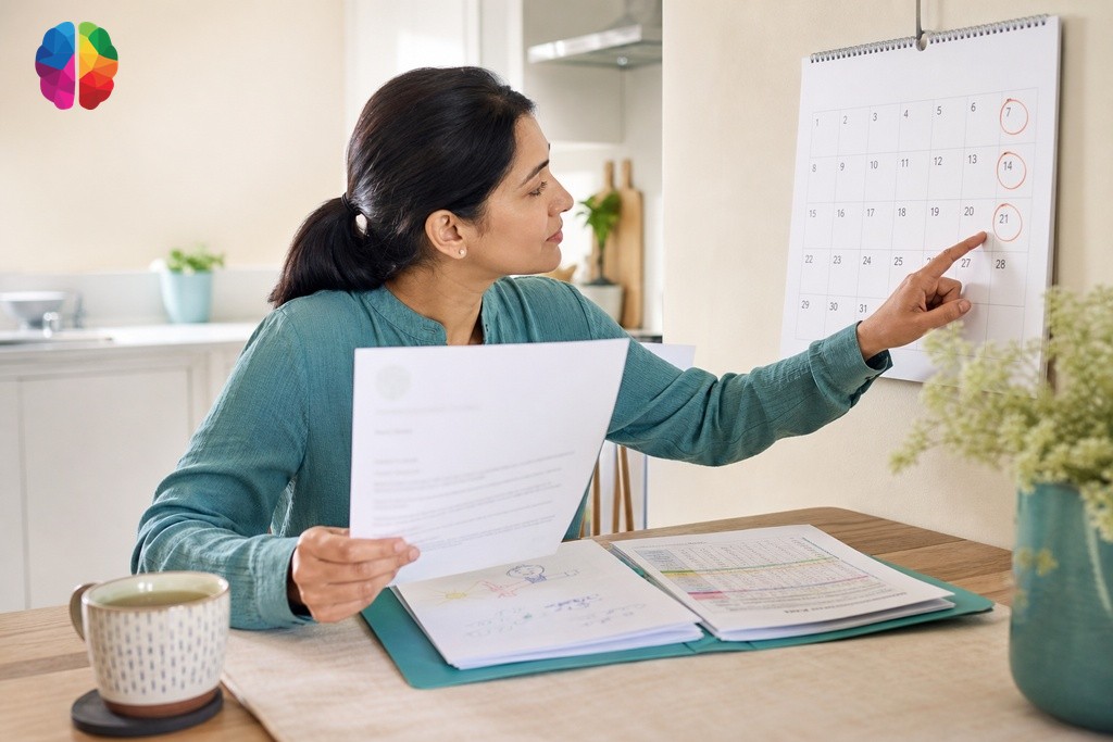 Parent cross-referencing school admissions deadline on calendar with assessment documents to plan psychoeducational assessment timeline
