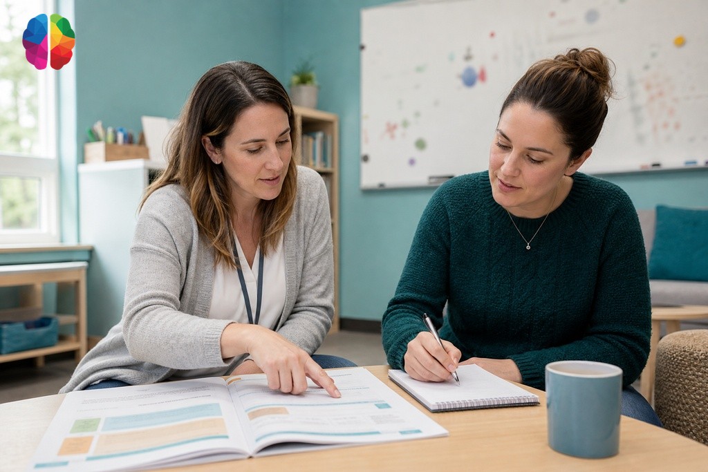 Two teachers reviewing psychoeducational assessment report to plan classroom accommodations and IEP supports