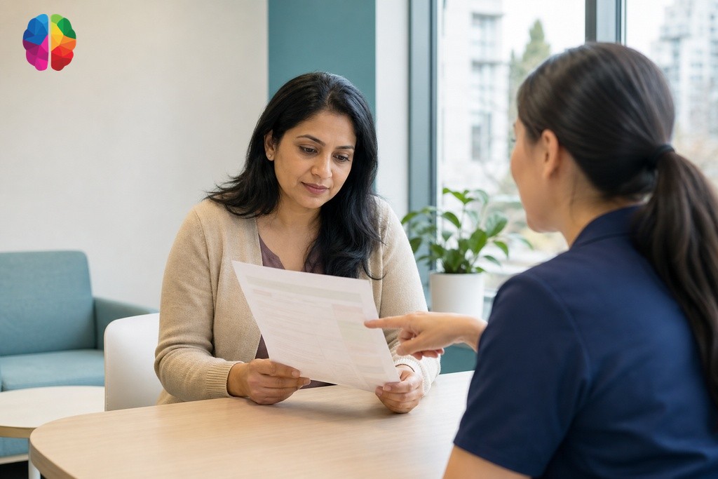 Parent reviewing a child assessment checklist with a clinician during a consultation at a Vancouver paediatric clinic.