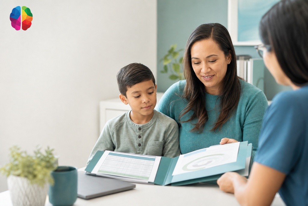 Parent and child reviewing school records with a clinician for psychoeducational assessment and placement decisions