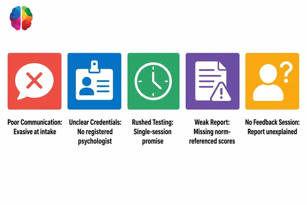 Five red flags when choosing a child assessment provider, covering communication, credentials, testing process, report qualit