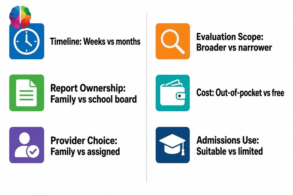 Infographic comparing private vs public learning assessments across timeline, scope, cost, and report ownership for BC famili