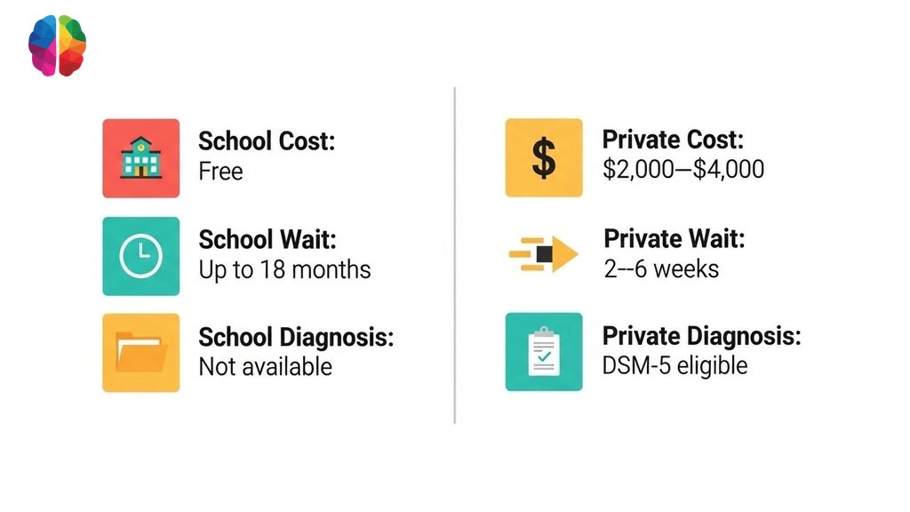 Comparison of school-based vs private psychoeducational assessments in BC across cost, wait time, diagnosis, and scope.
