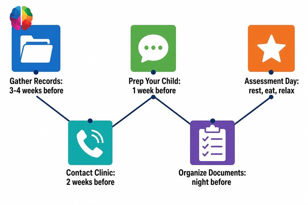 Five-phase timeline showing how families prepare for a psychoeducational assessment, from gathering records to assessment day