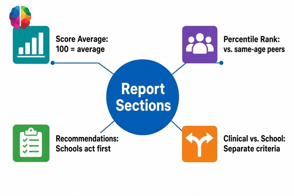 Key components of a psychoeducational assessment report helping BC parents understand scores, sections, and recommendations.