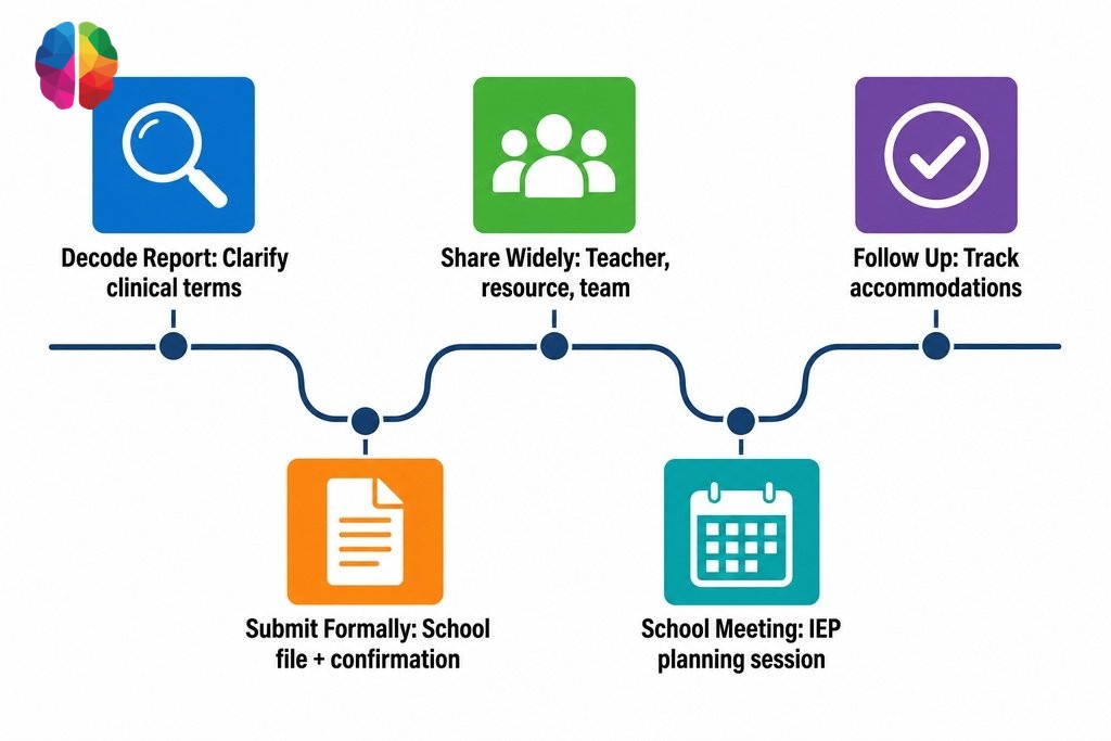 Five steps to use a child's assessment report at school: decode, submit, share, meet, and follow up.