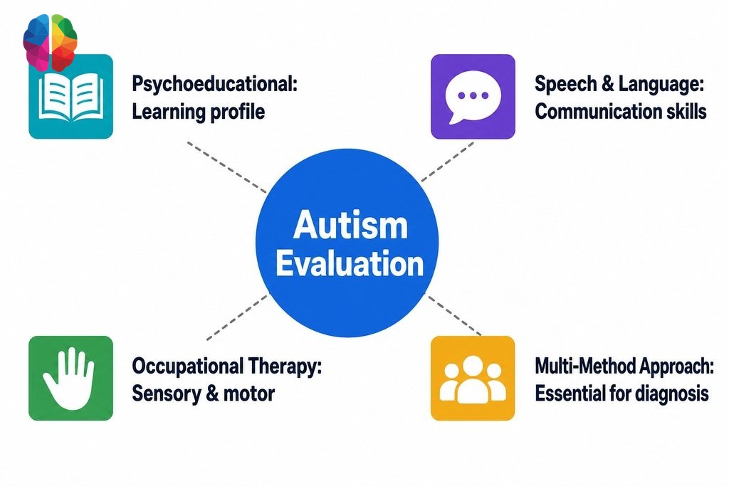 Autism assessments vs other child assessments: four evaluation types, their focus areas, and whether each can diagnose autism